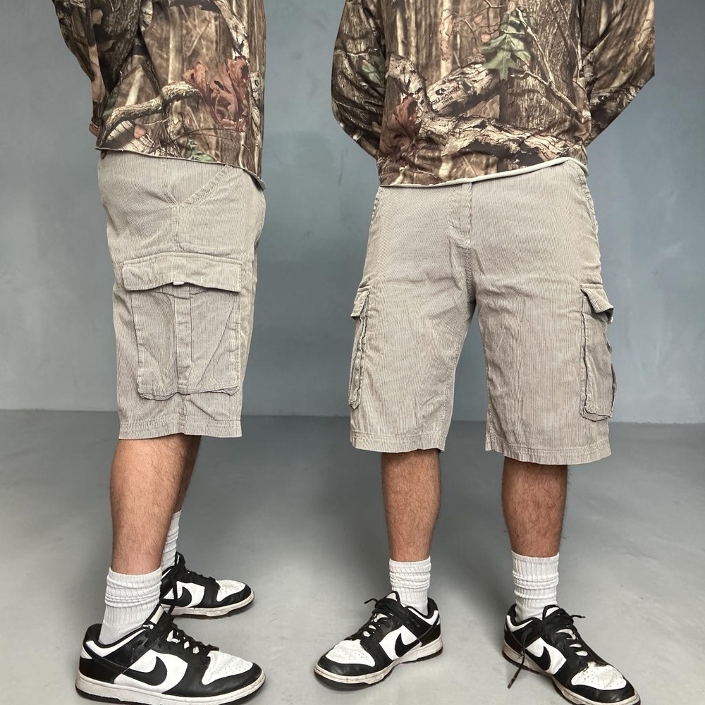 WRK Pinstripe Corduroy Cargo Shorts Tan White Skater Y2K Retro Size 33